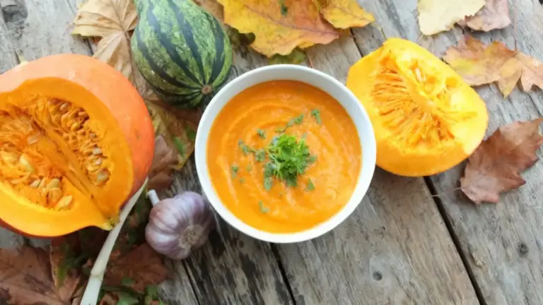 Zuppa di zucca in ciotola bianca con zucche fresche su tavolo di legno