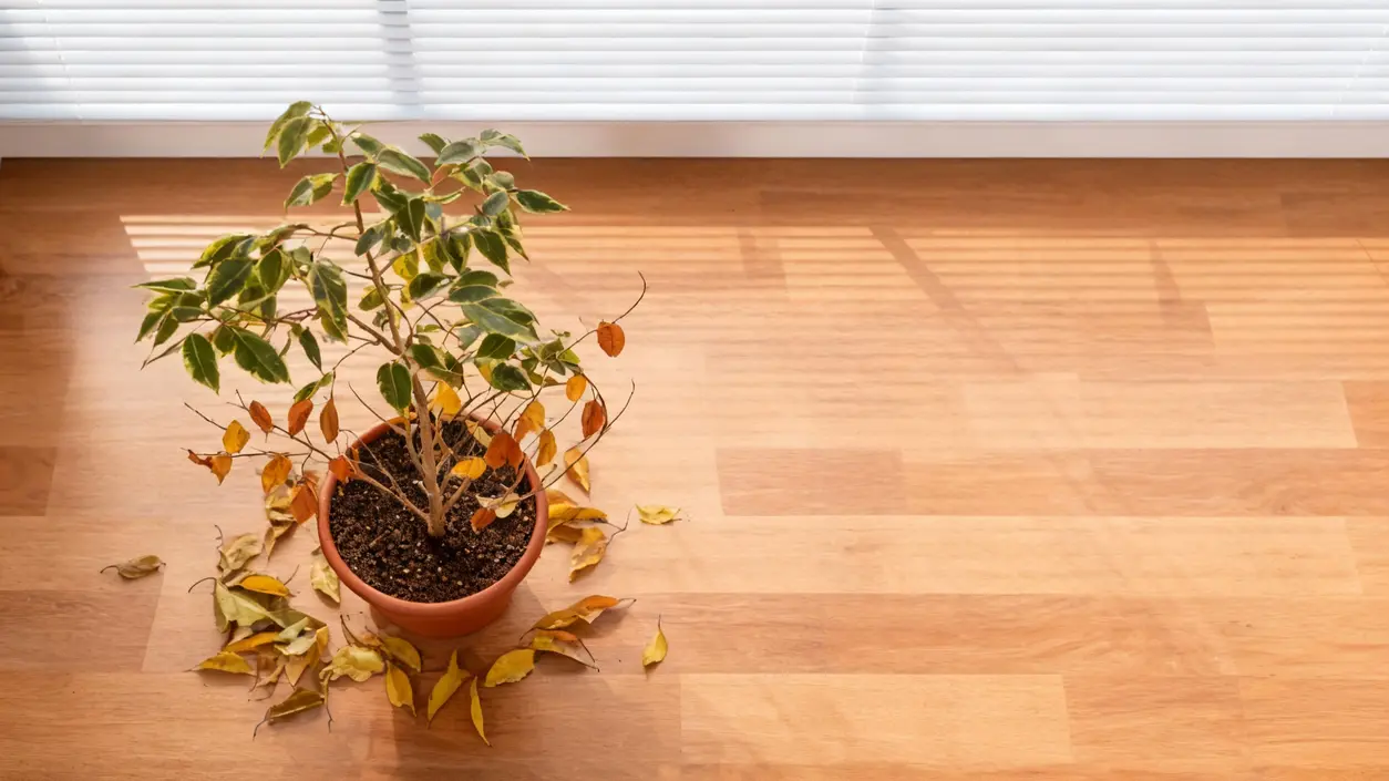 Pianta di ficus in vaso con foglie cadute sul pavimento