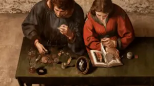 Due persone sedute a un tavolo contano monete e leggono un libro