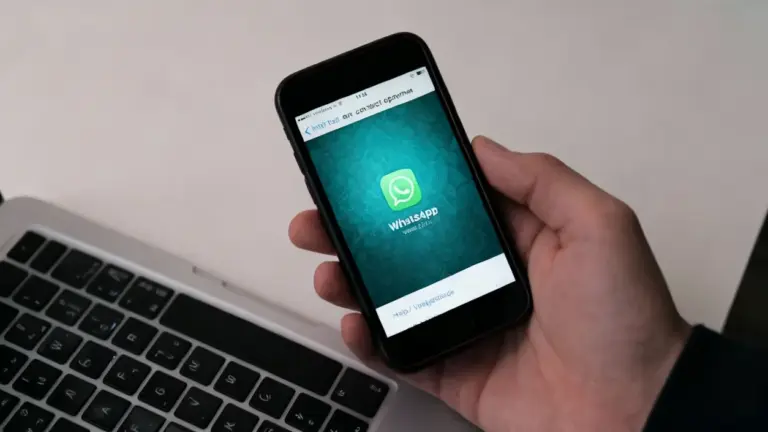 Persona tiene uno smartphone con l'app WhatsApp aperta accanto a un computer portatile.