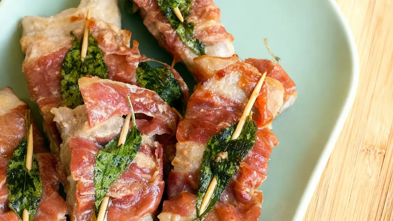 Saltimbocca alla romana serviti su un piatto verde, guarniti con salvia e prosciutto crudo