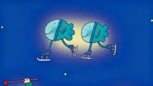 Due pesci stilizzati con pattini su sfondo blu, simbolo zodiacale dei Pesci