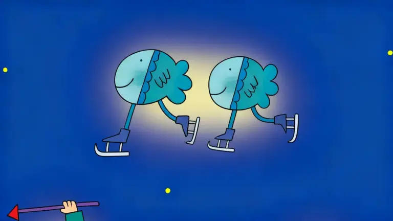 Due pesci stilizzati con pattini su sfondo blu, simbolo zodiacale dei Pesci