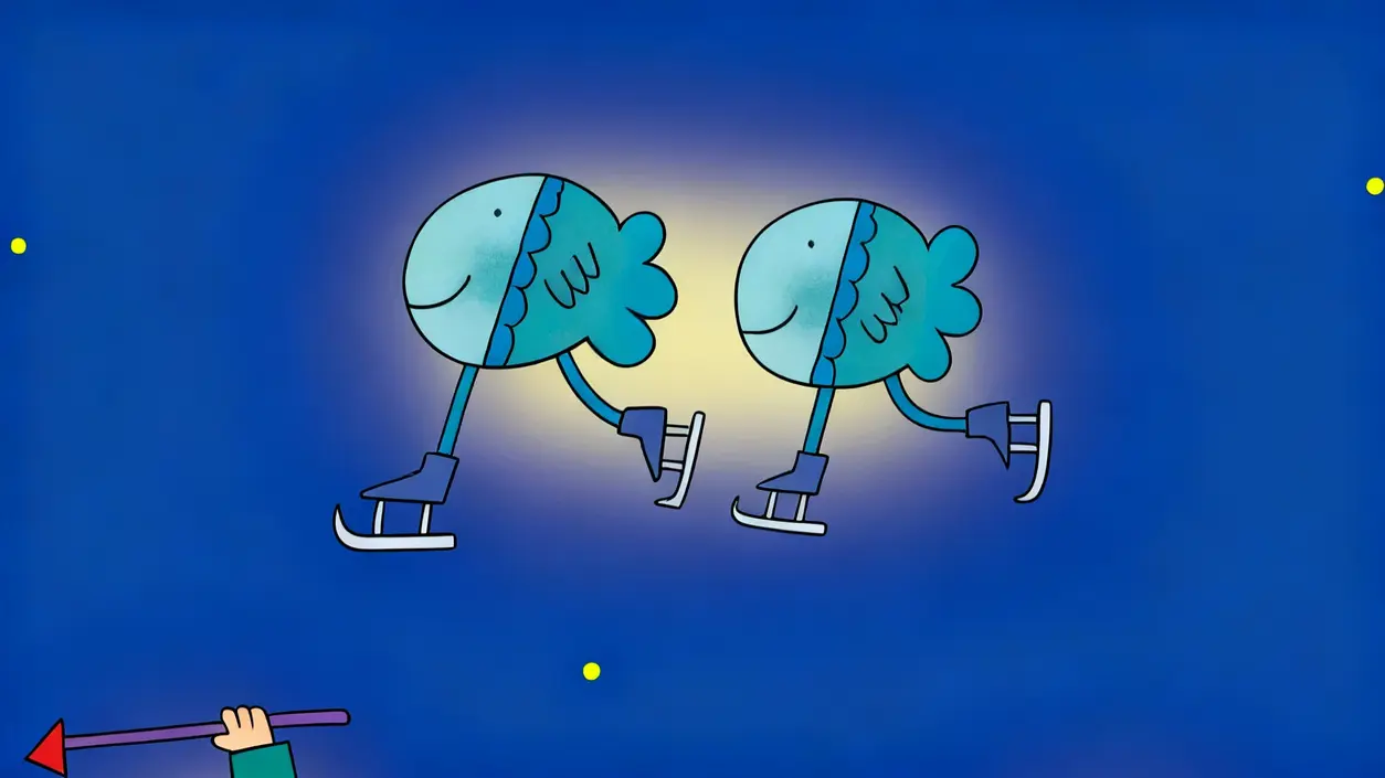 Due pesci stilizzati con pattini su sfondo blu, simbolo zodiacale dei Pesci